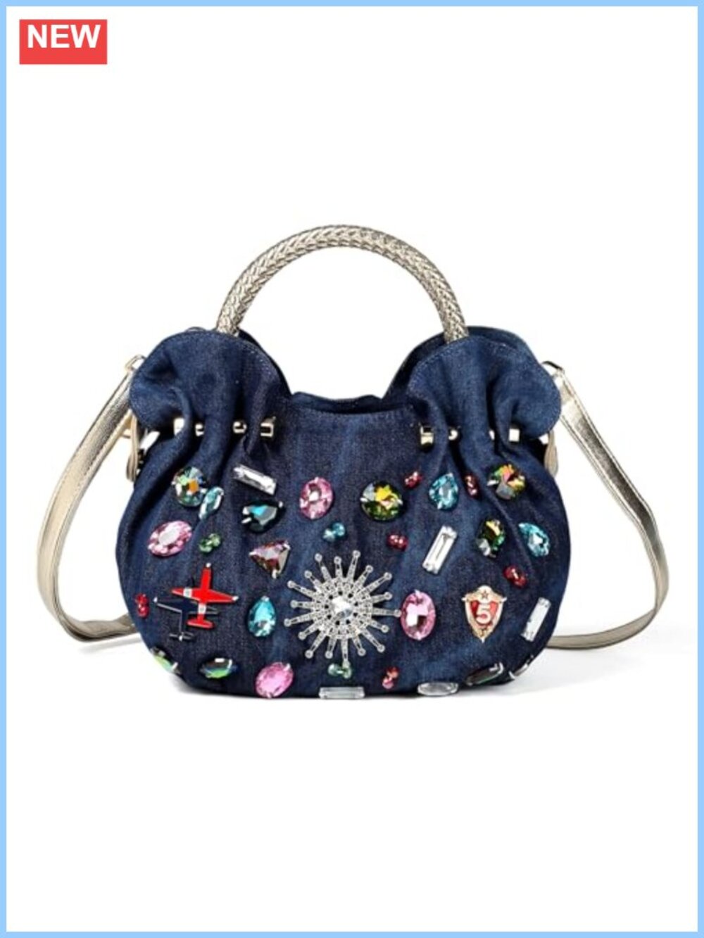 Washed Denim Rhinestone Evening Bag Crossbody Shoulder Handbag